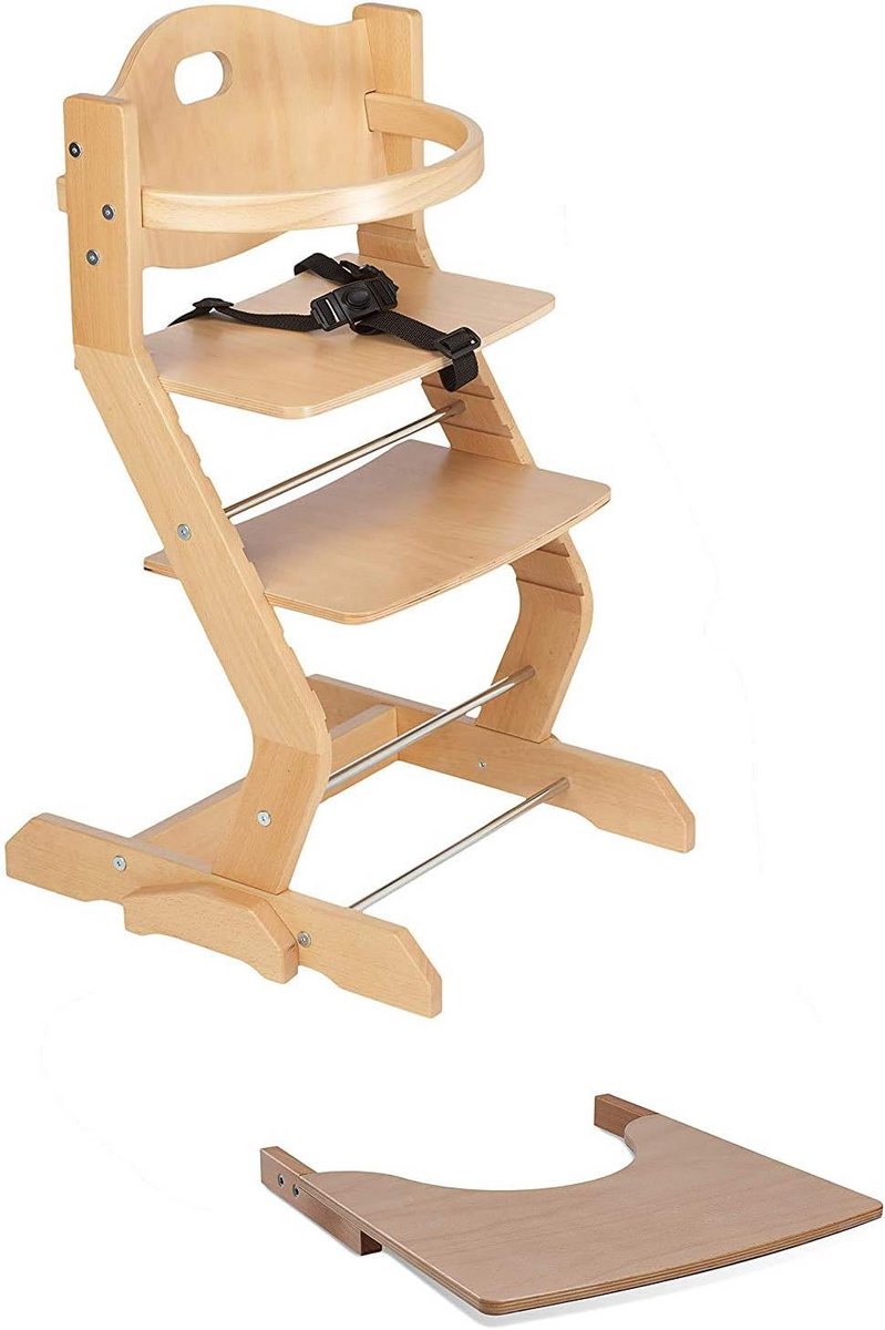 Hoge kinderstoel met tafel en veiligheidsbeugel van massief beukenhout