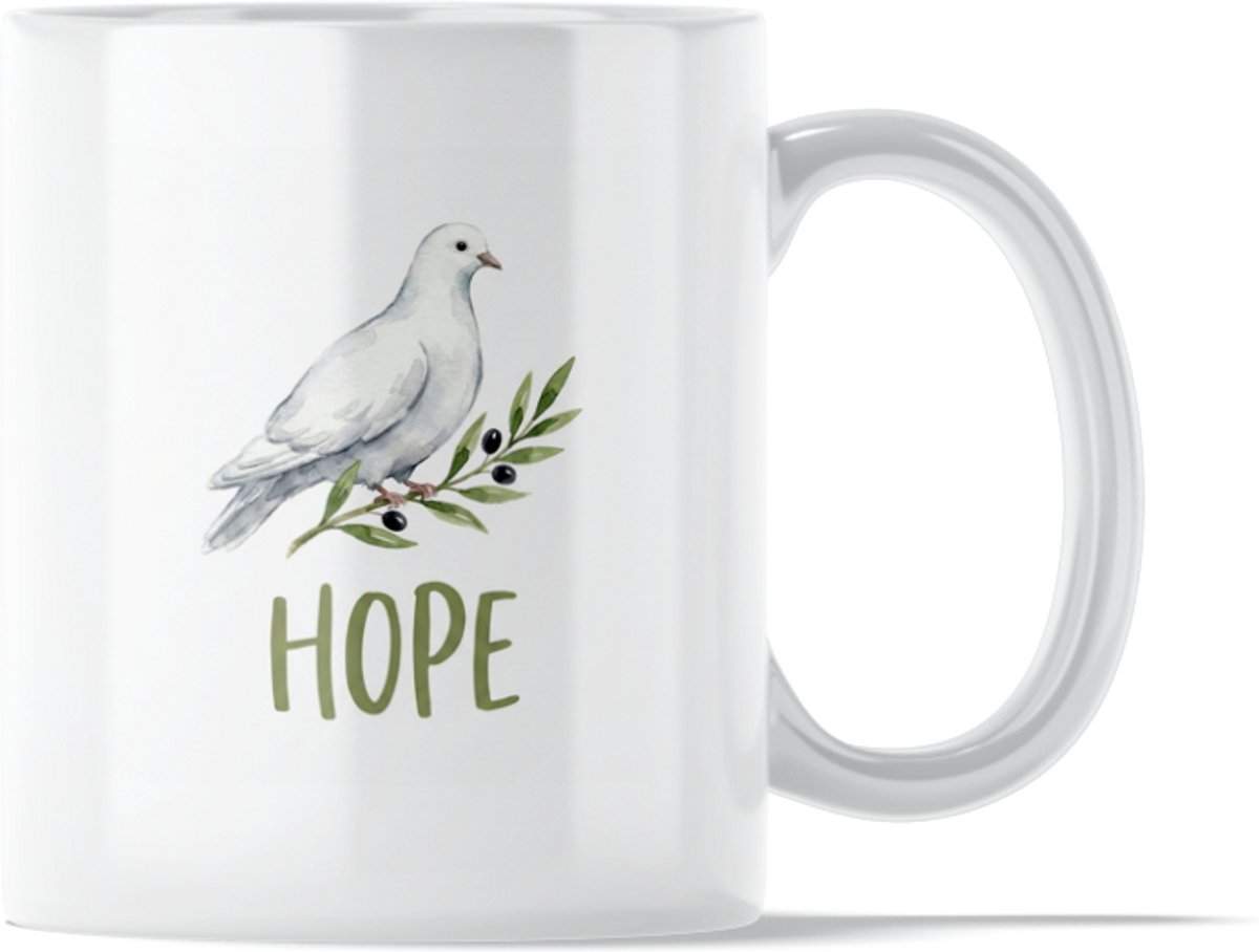 "Aquarel Series" Mok: Hope Dove - Vredige Waterverf Mok met Witte Duif en Olijftak - Positieve Aanmoediging voor het Vinden van Vreedzaamheid & Rust - Universeel Symbool voor Vrede - Vredesduif Hoop Vogel DierenCadeau Vriendin