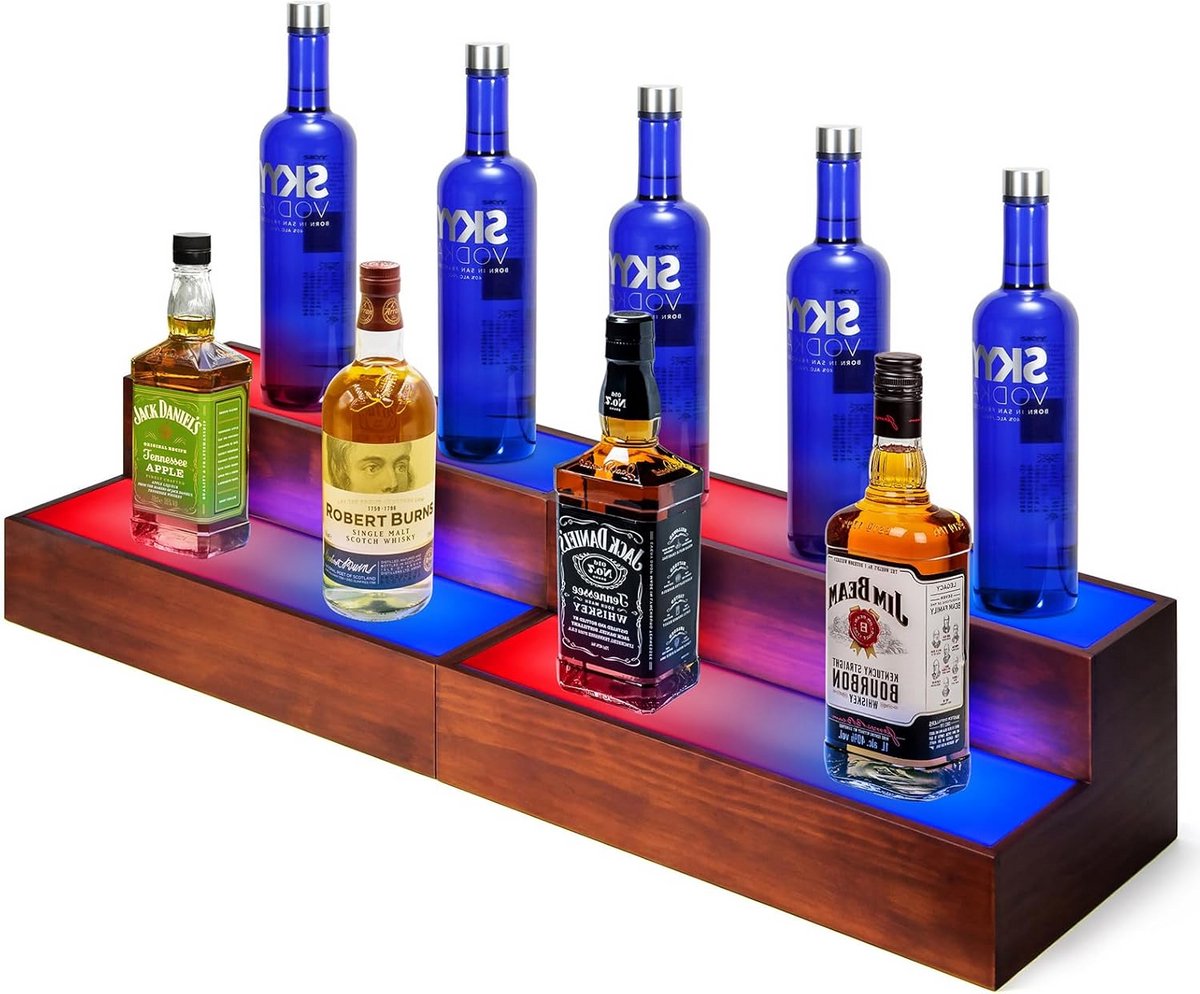 LED Verlichte Drankplank - 2 Niveaus Houten Fles Display voor Thuisbar