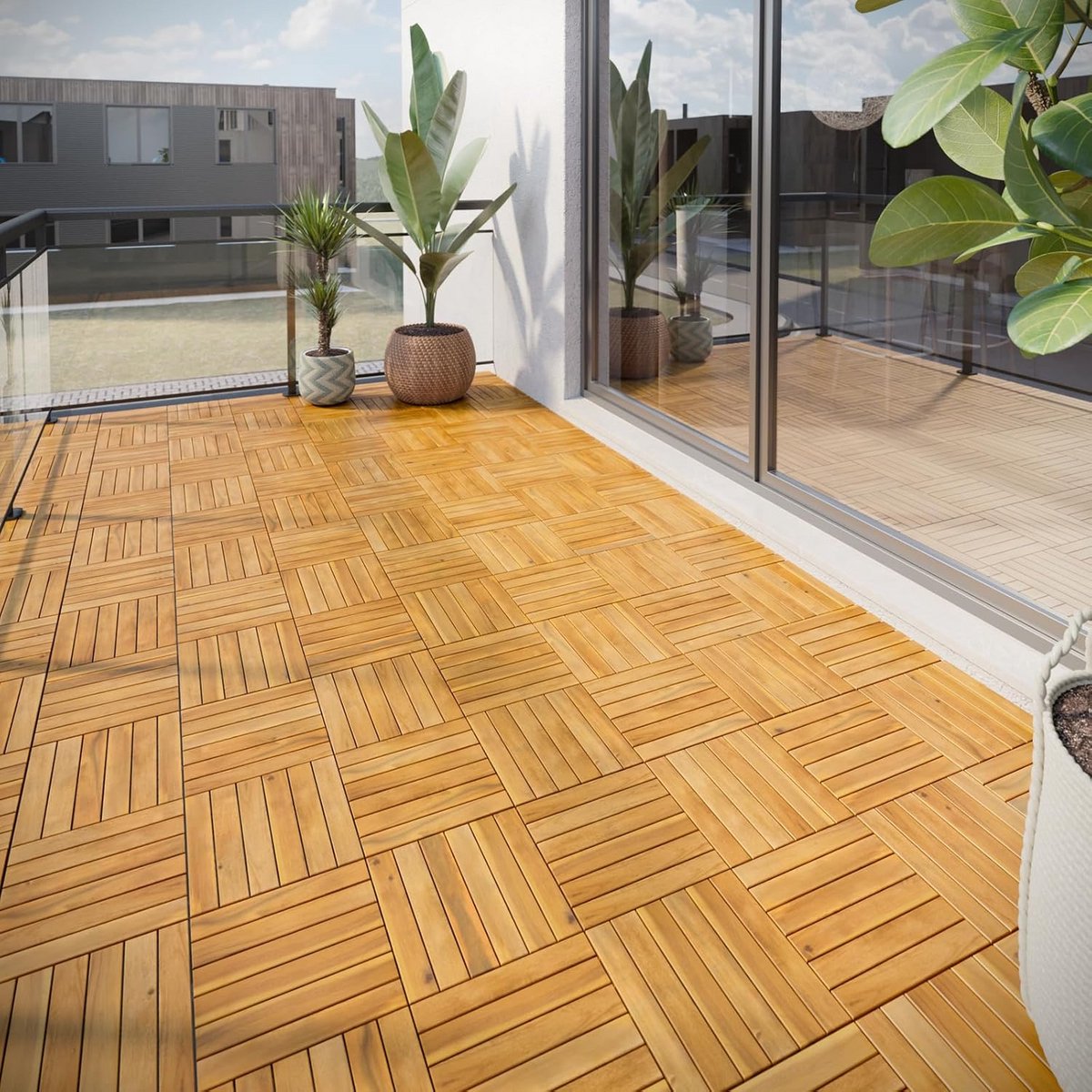 54 Stuks In elkaar Grijpende Houten Terrastegels Acacia 30x30 cm - Weerbestendige Vlondertegels voor Tuin en Balkon