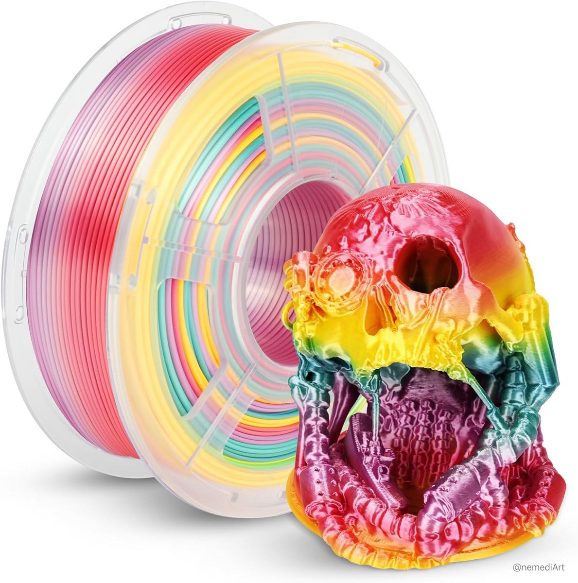 Zijdeachtig Regenboog PLA+ Filament 1.75 mm voor 3D Printer, Kleurverloop, Glitters, 1.1 kg