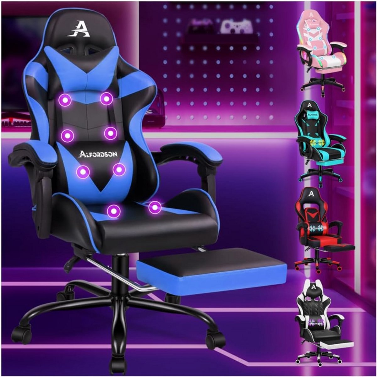 Ergonomische Gaming Stoel met Voetensteun - Blauw - Bureaustoel XXL tot 180 kg