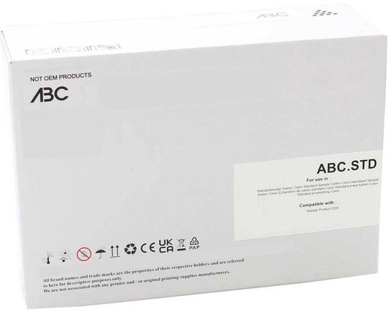 Witte ABC-doos voor labelrollen met merklogo, productcode ABC.STD en diverse certificeringssymbolen.