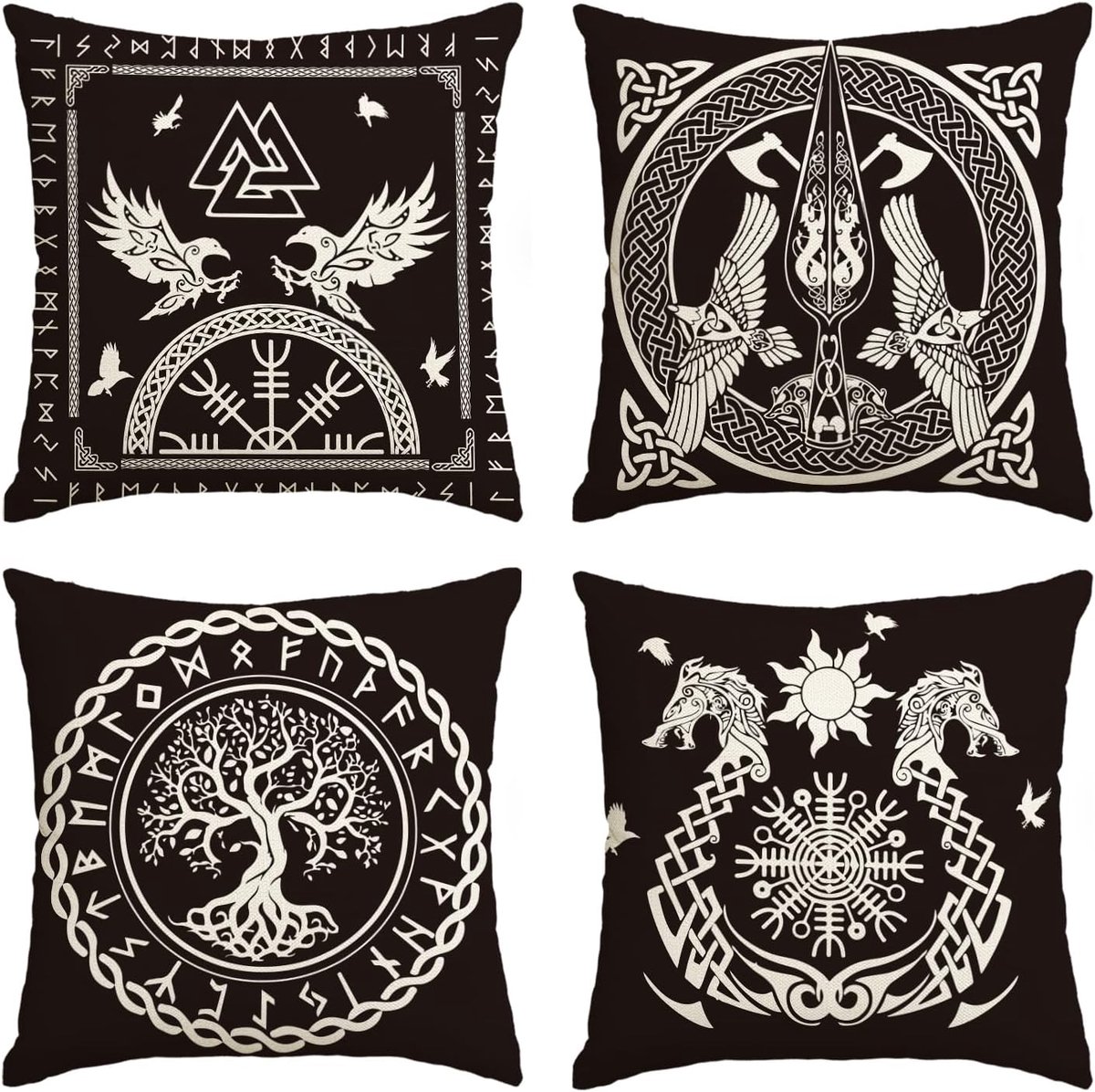 Famanu – Set van 4 decoratieve kussenslopen van Viking Tree of Rabe Helm - 45 x 45 cm