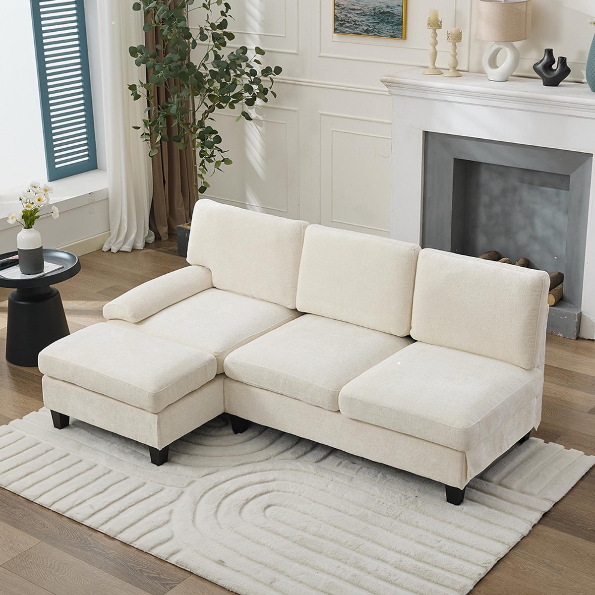 BLACKCOLORS Gestoffeerde bank en slaapbank 194*118*81 cm, 3-zitsbank, hoekbank voor woonkamer, appartement, lounge en slaapkamer – L-vormige slaapbank, vrijetijdsbank, beige, linnen