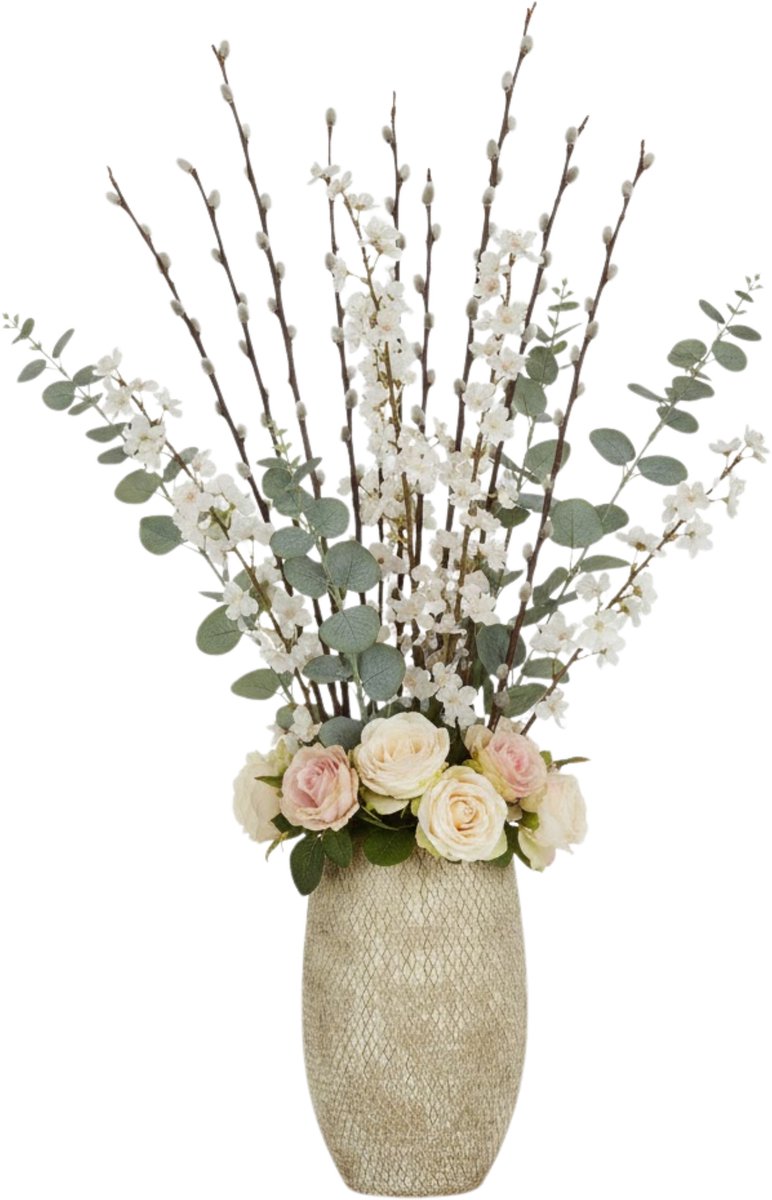 Mica Decorations Mica Bloemenvaas Madeira - hoog model - creme - terracotta - 50 x 30 cm - schubbenpatroon - siertakken
