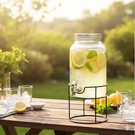 Glazen drankdispenser op zwarte standaard, gevuld met water, citroen en munt.