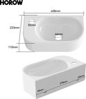 Afmetingen van een wit keramieken fonteintje: 408mm breed, 223mm diep en 110mm hoog, met kraangat links.