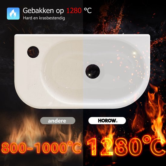 Illustratie van een wit keramieken fonteintje, gebakken op 1280°C, wat zorgt voor een hard en krasbestendig oppervlak.