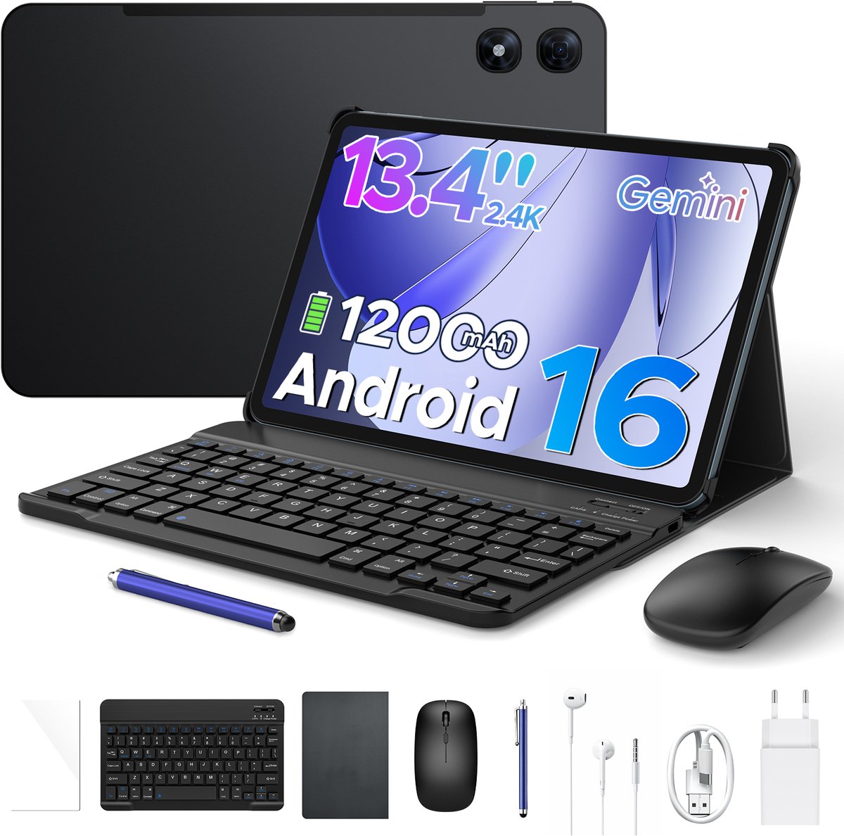 Aorlym P13 Pro - Tablet - 12 GB RAM + 256 GB ROM (2 TB/TF) - 13,4 inch tablet FHD+ 120 Hz - Android 16 - UNISOC T7280 - 12000 mAh - 4G LTE - Wi-Fi 5 - Bluetooth 5.0 - Inclusief toetsenbord, muis, Stylus en hoesje - Dubbele luidsprekers - Zwart