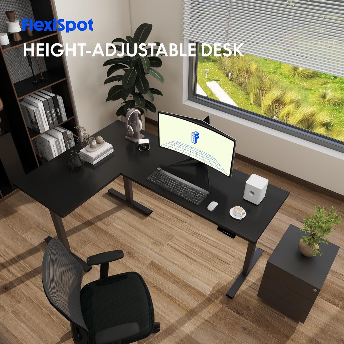 Elektrisch verstelbaar L-vormig hoekbureau 180 x 120 cm zit-sta bureau met 4 geheugentoetsen – Zwart – Abkantoor MotionPro Executive Desk