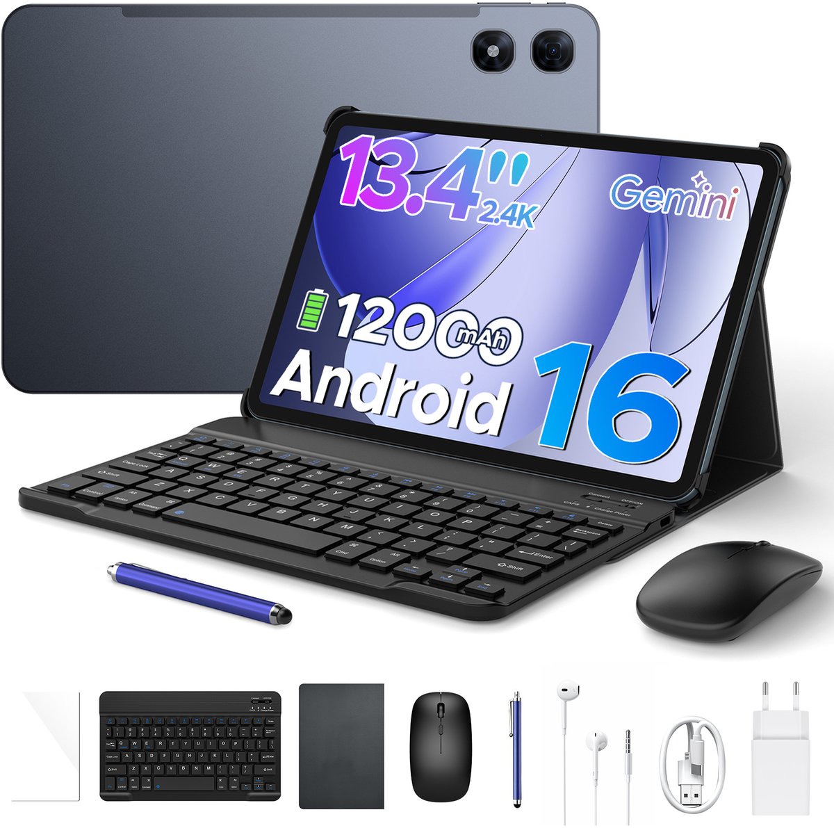 Aorlym P13 Pro - Tablet - 12 GB RAM + 256 GB ROM (2 TB/TF) - 13,4 inch tablet FHD+ 120 Hz - Android 16 - UNISOC T7280 - 12000 mAh - 4G LTE - Wi-Fi 5 - Bluetooth 5.0 - Inclusief toetsenbord, muis, Stylus en hoesje - Dubbele luidsprekers - Grijs