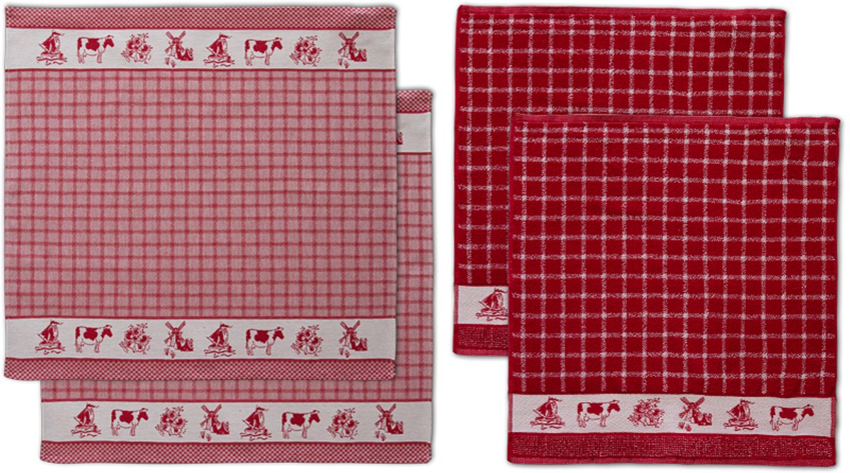 DDDDD - Dutchie - 2x Theedoek + 2x Keukendoek - Rood