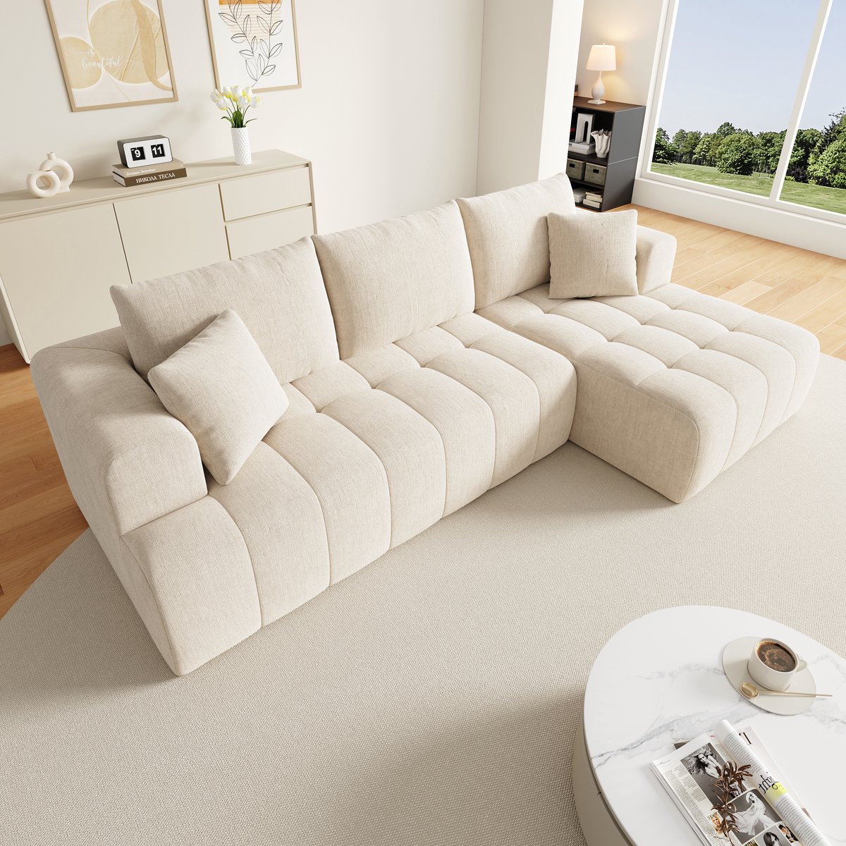 Modulaire L-vormige Hoekbank Zonder Frame, L-Bank, 3-Zitsbank, Wolkenbank, Comfortabele Chenillestof, vrij Combineerbaar, Lage Vloerdesign, Ideaal voor Woonkamers en Appartementen, geen Montage Nodig, Beige
