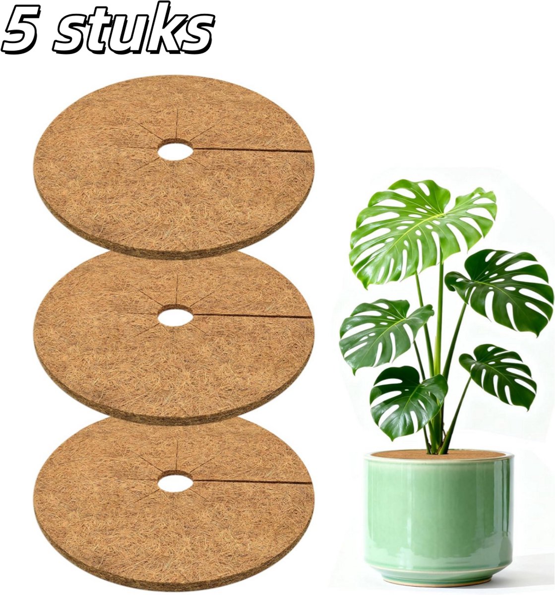 5 stuks - Kokosvezelmat voor bloempotten - Kokosvezelmat - Ronde opening - Voorkomt onkruid en lekkage van aarde - Tuingereedschap - Kokosvezelmulch - Geschikt voor binnen- en buitenbomen en -planten - 35 cm diameter, 1 cm dikte - Bruin