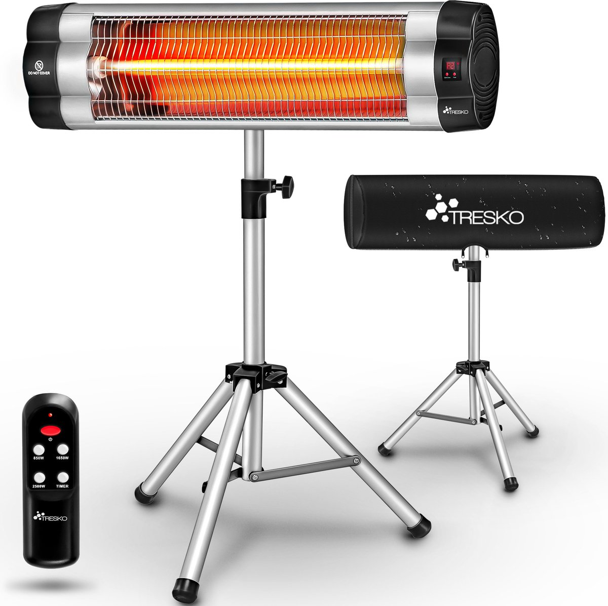 TRESKO Infrarood warmtestraler, 2500 W, met afstandsbediening en afdekking, elektrisch met 3 warmtestanden, terrasstraler, voor binnen en buiten, in hoogte verstelbaar