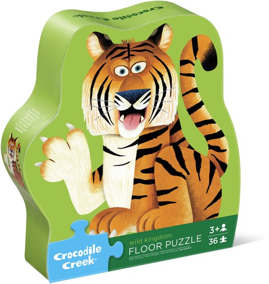 Groene puzzeldoos met een lachende tijger met oranje vacht en zwarte strepen.