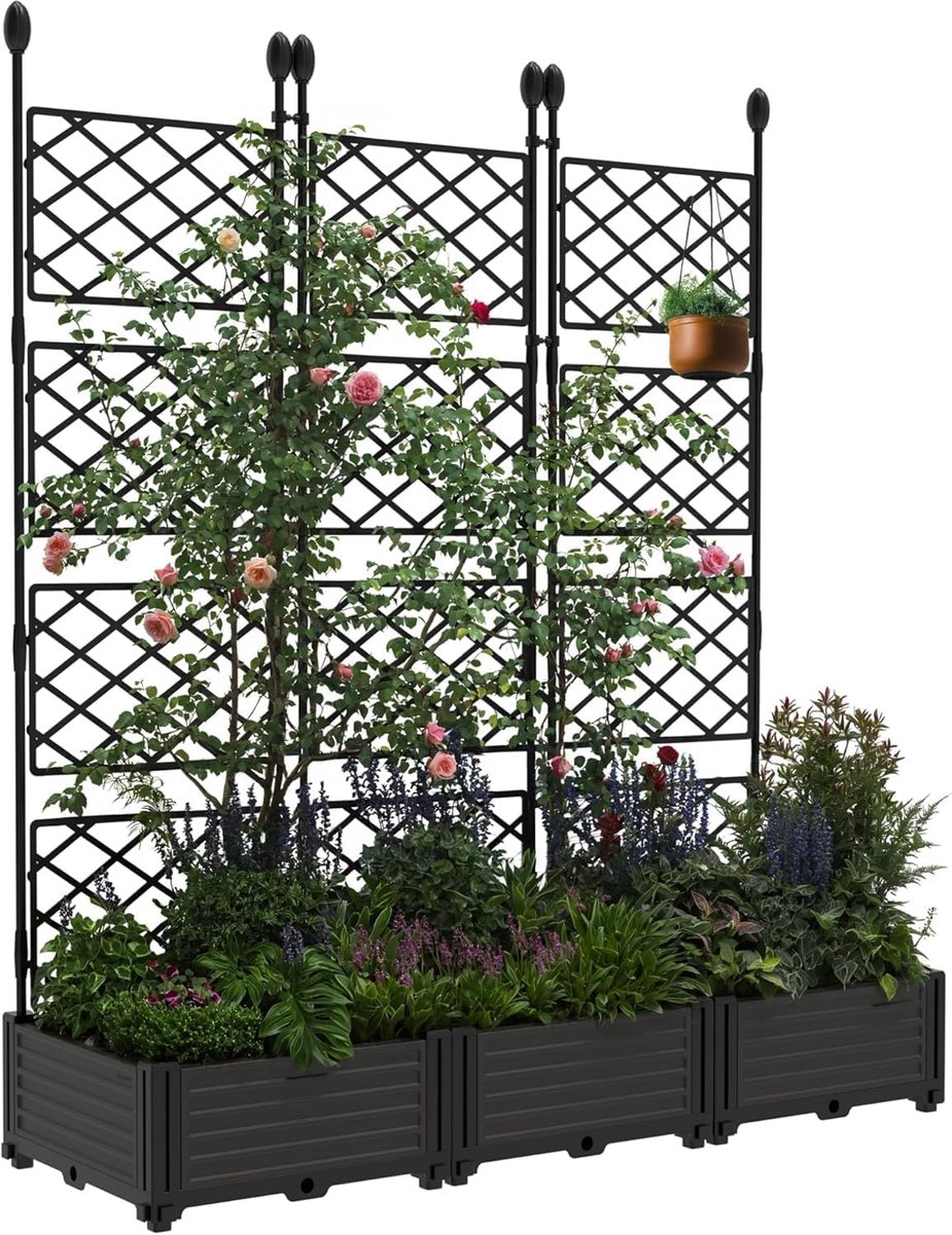 3-delige Plantenbak met Klimrek - Verhoogde Moestuinbak met Privacy Scherm - 125x41x160 cm - Weerbestendig Kunststof - Voor Klimplanten, Balkon & Terras - Zwart