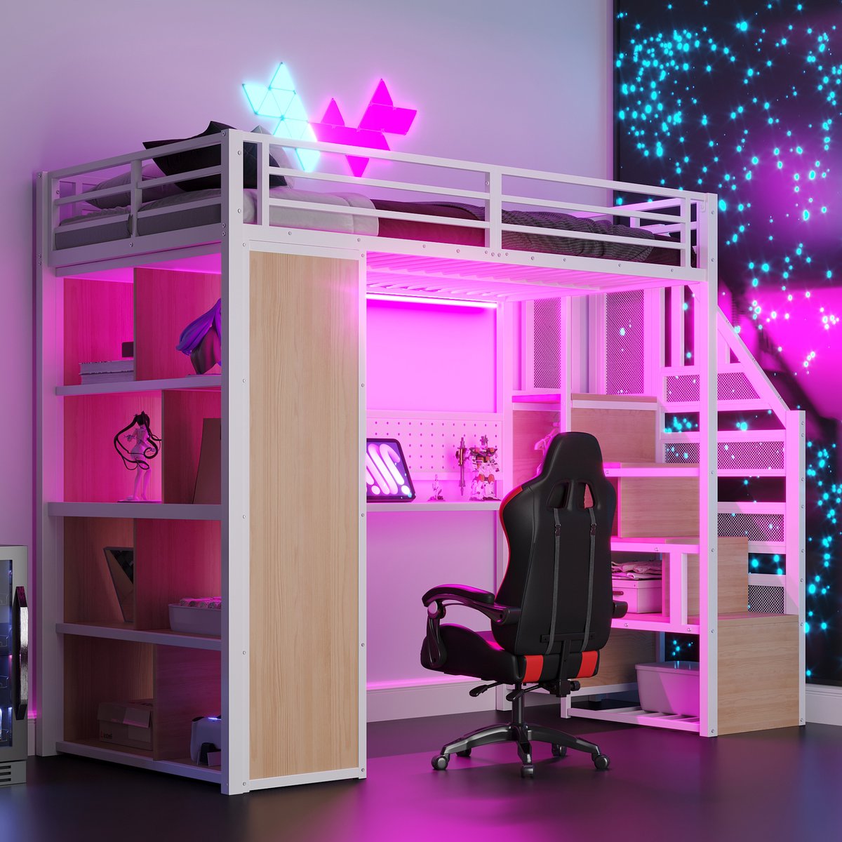 HAUSS SPOLE Metalen Hoogslaper 90x200cm - Met Bureau Met Stopcontacten En Opbergtrap - Met Kledingkast En Ledverlichting - Zonder Matras - Metaal En Hout - Wit