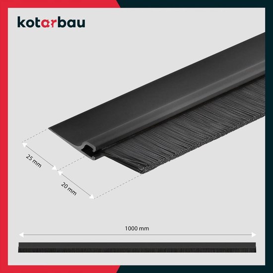 Zwarte deurtochtstrip met borstel, met afmetingen 25 mm, 20 mm en 1000 mm.