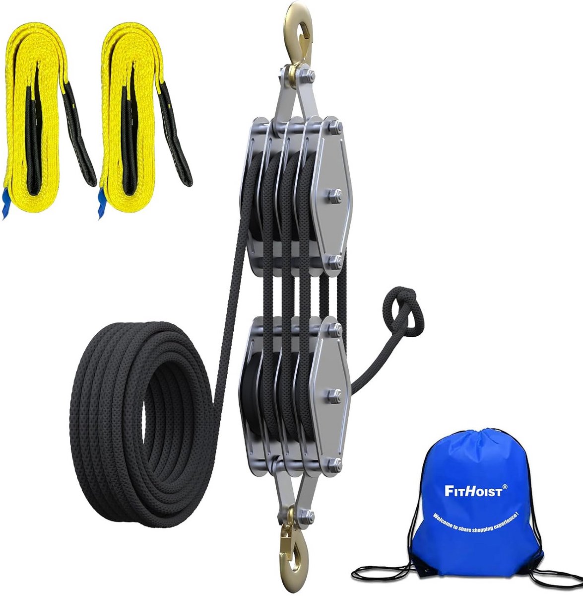 Heavy Duty Blok en Tackle Systeem 4200LBS Hefkracht met 65 Ft Touw en 2 Lift Slings