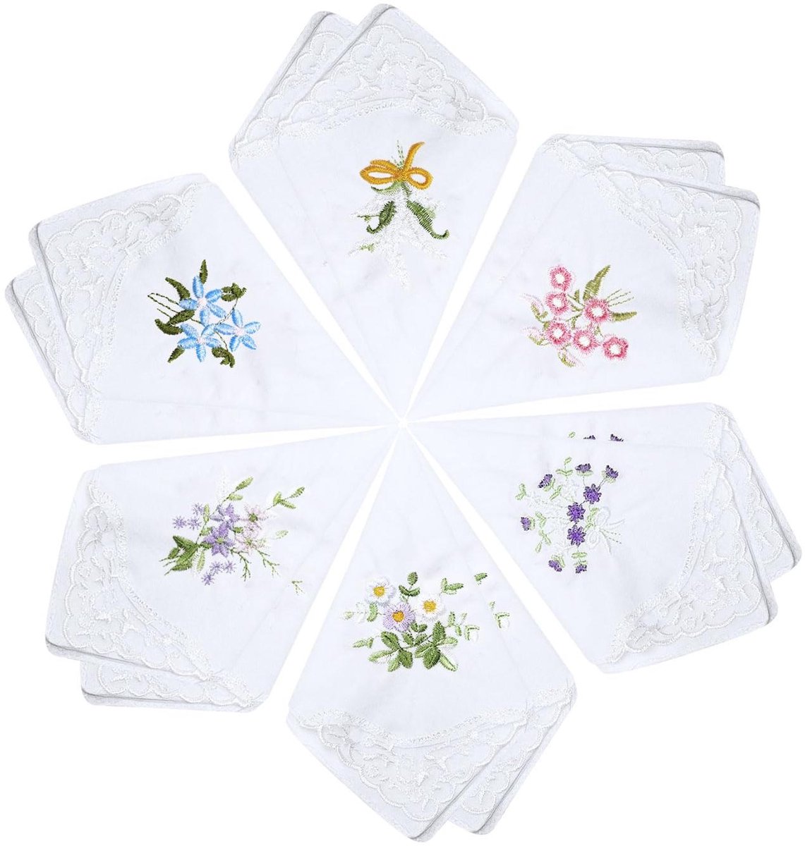 Elkuaie Zakdoeken - Dames Zakdoeken - Biologisch Katoen Met Bloemenborduurwerk En Vintage-Vlinderkant - 6 Stuks - Voor Dagelijks Gebruik En Speciale Momenten