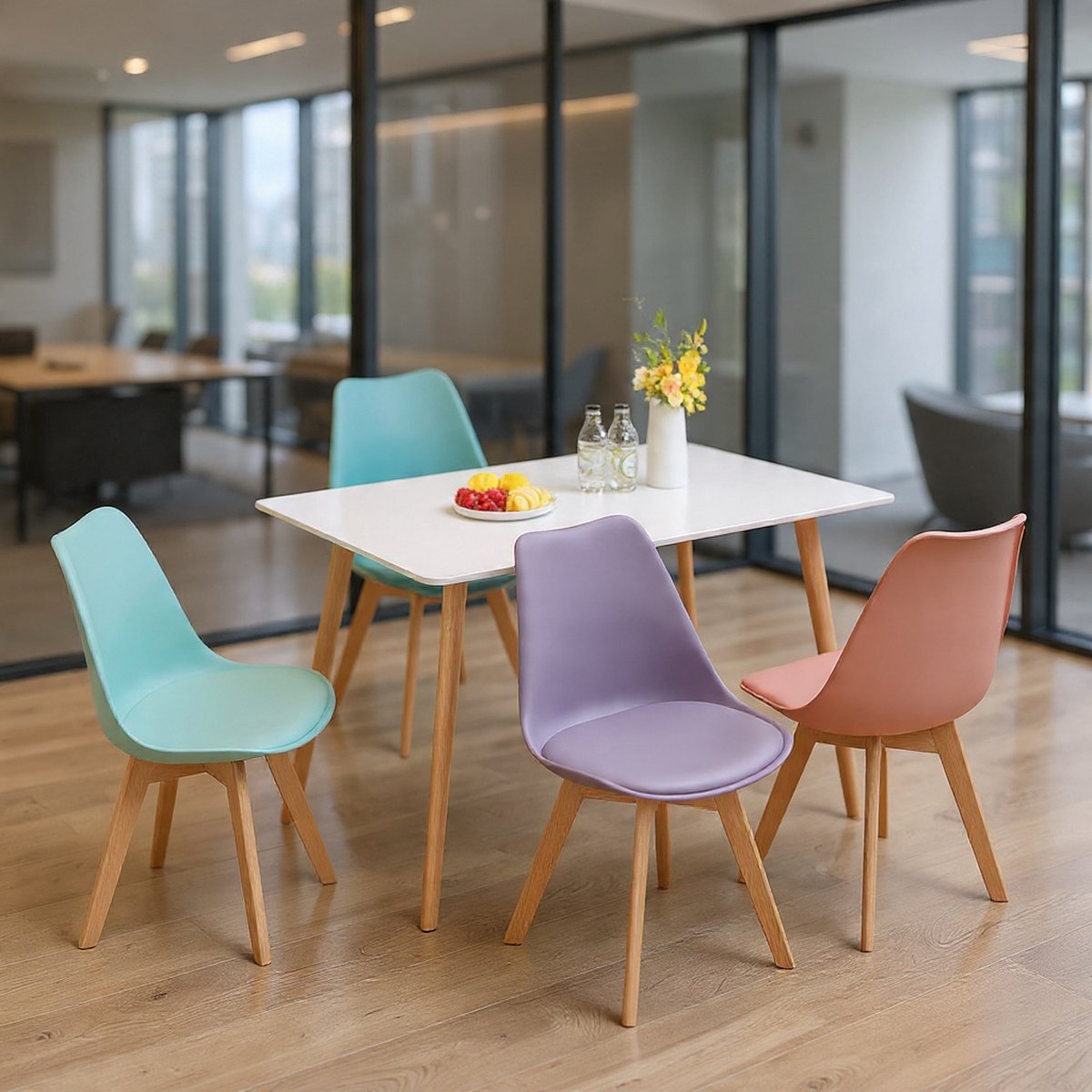 EGGREE Set van 4 eetkamerstoelen, commerciële stoelen met massief beukenhouten poten, SGS-gecertificeerd, Scandinavisch design, gestoffeerde keukenstoelen, hout, rookroze + turquoise + mintgroen + ...