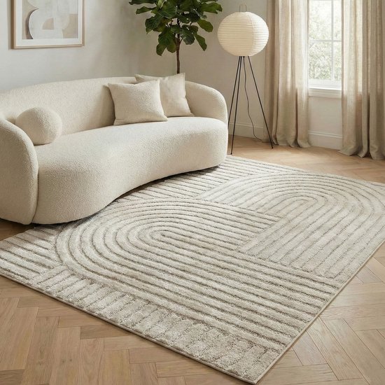 Tapis Flycarpets Skadi Curve , style japonais et scandinave - Crème - Tapis à poils courts pour salon - 160 x 230 cm