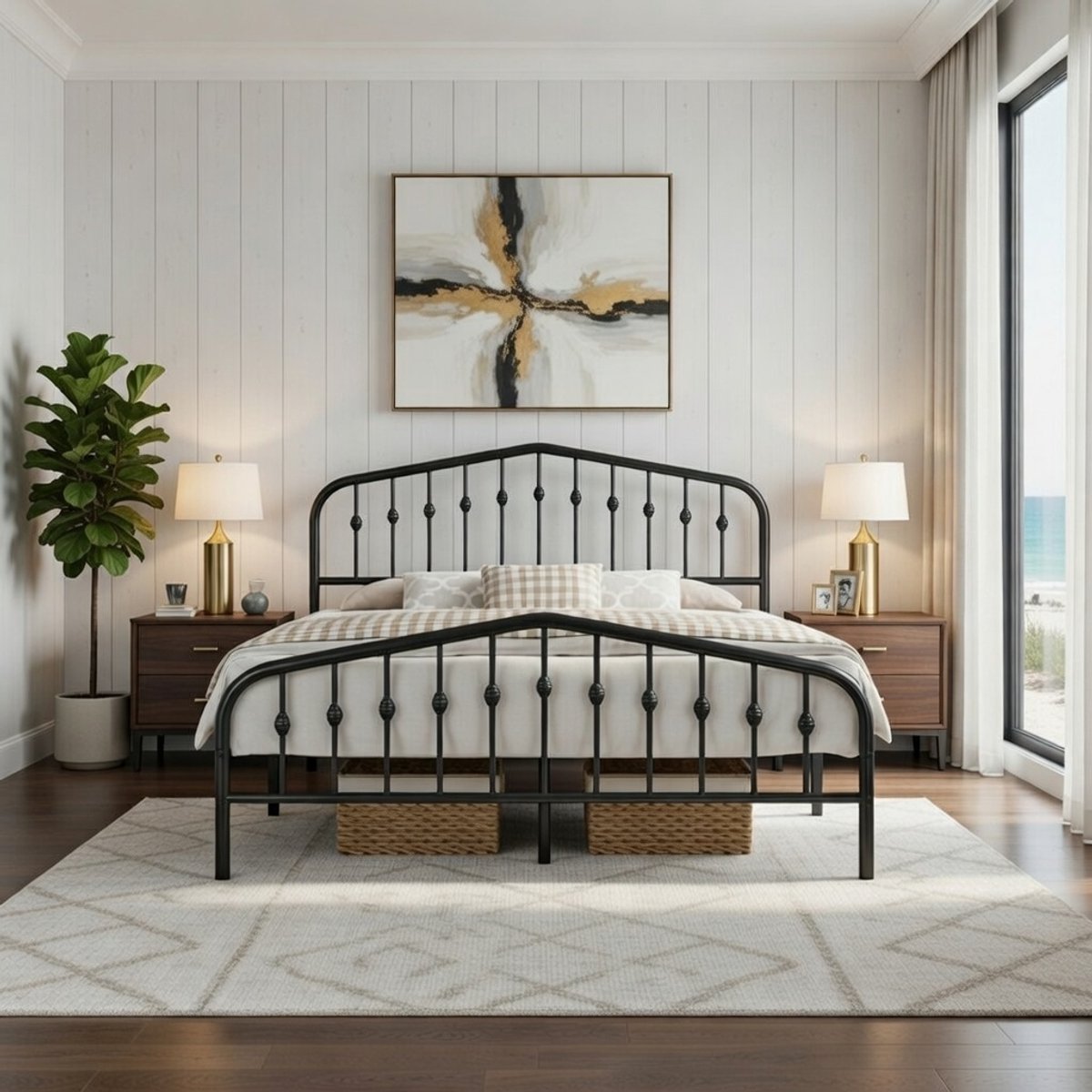 Vintage Royal Crown Metalen Bedframe 160x200 cm - Industrieel Tweepersoonsbed met Kroon Hoofdeinde, Extra Stevig Stalen Frame 363 kg, Lattenbodem Zonder Boxspring, Zwart - Casa Serena