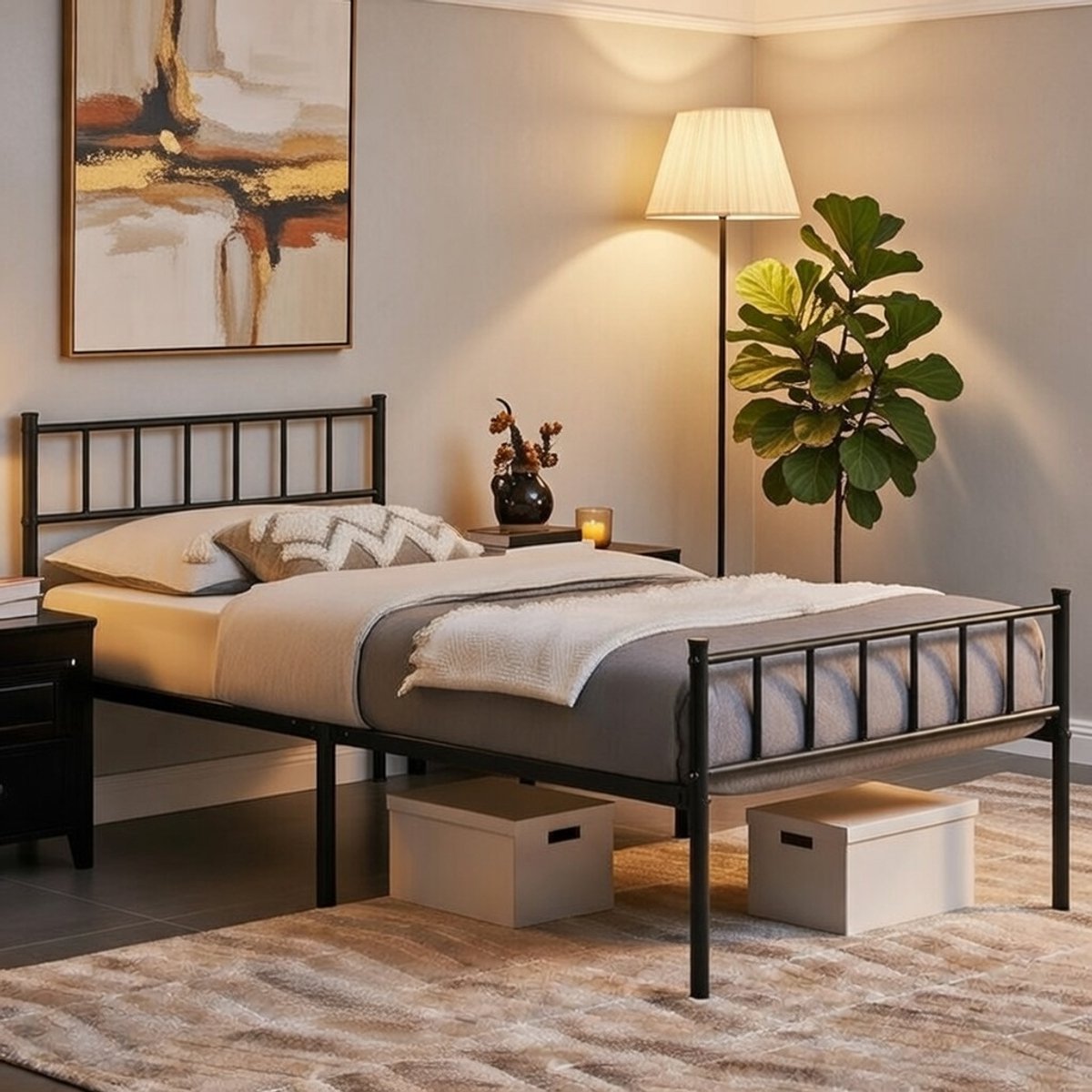 Stijlvol Metalen Eenpersoonsbed 90x200 cm | Modern Bedframe met Hoofdeinde | Logeerbed met lattenbodem | Zwart | Extra opbergruimte | Comfortabel en duurzaam bij Casa Serena – Casa Dorada