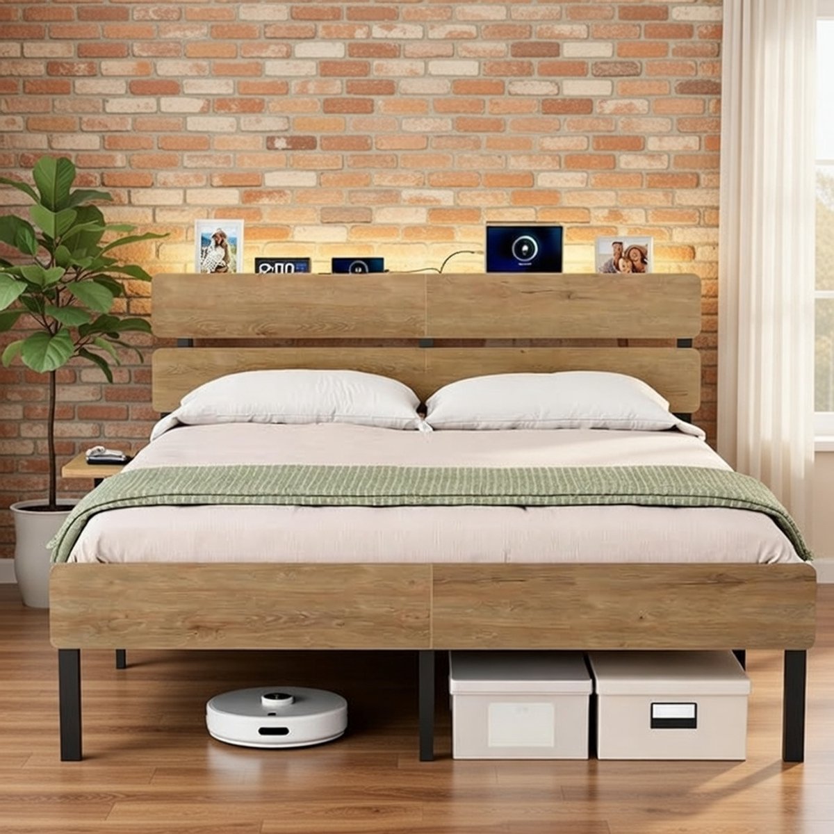 Industrieel LED Tweepersoonsbed 140x200 met USB-A & USB-C, Opbergruimte en Hoofdbord – Metaal & Houtlook – Naturel Bruin – 500 kg Draagkracht – Casa Serena