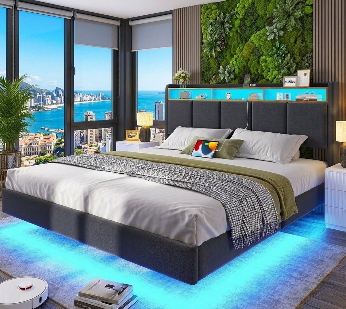 SerenaGlow Zwevend LED Opbergbed 180x200 cm met Loadstation, Hoofdbord met Stopcontacten & USB, Gestoffeerd Tweepersoonsbed met Lattenbodem en Opbergruimte – Grijs Linnen – Casa Serena