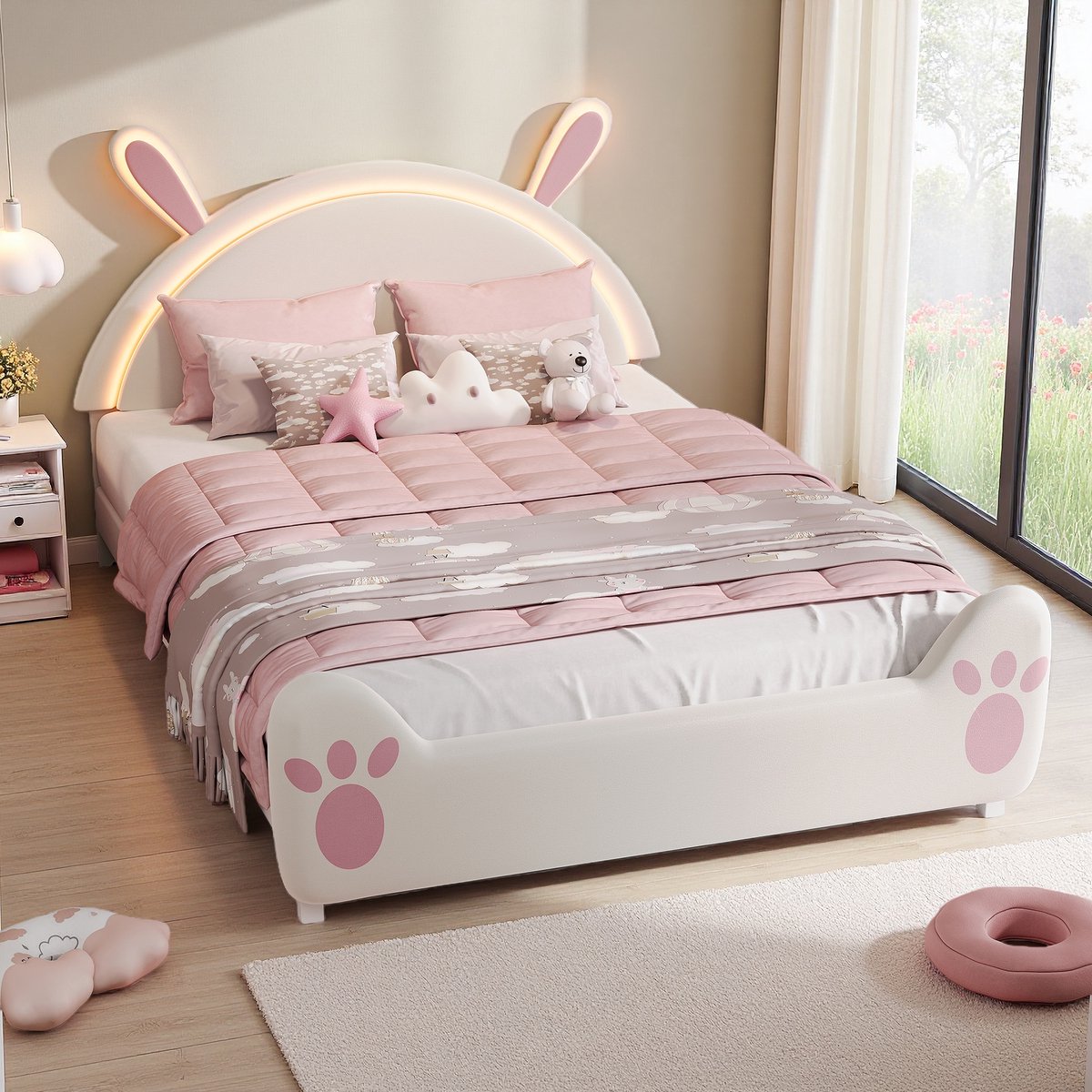Cartoonbed 140x200cm, kinderbed met houten lattenbodem, hoofdeinde met konijnenoortjes, veranderlijke verlichting, flanel materiaal