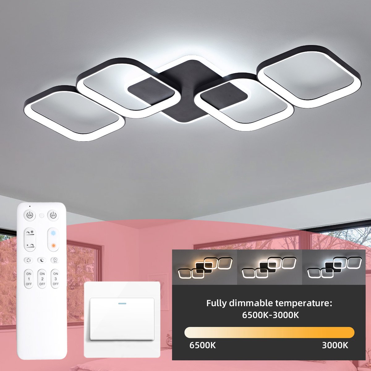 ANTENLICHT LED Plafondlamp - 4 Plafonniere Zwart - Modern LED verlichting - 50W Woonkamer Lamp - Dimbaar met Afstandsbediening - Modern Slaapkamer Lamp - 3000K-6500K - 5600LM