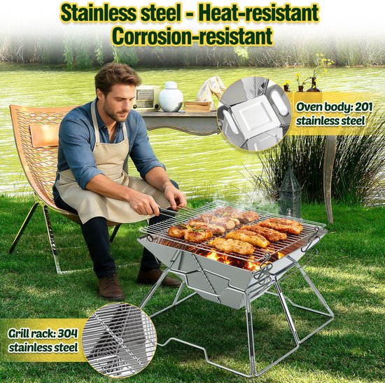 Opvouwbare Houtskoolbarbecue RVS - Verstelbaar Grillrooster, Compacte Camping BBQ — afbeelding 3
