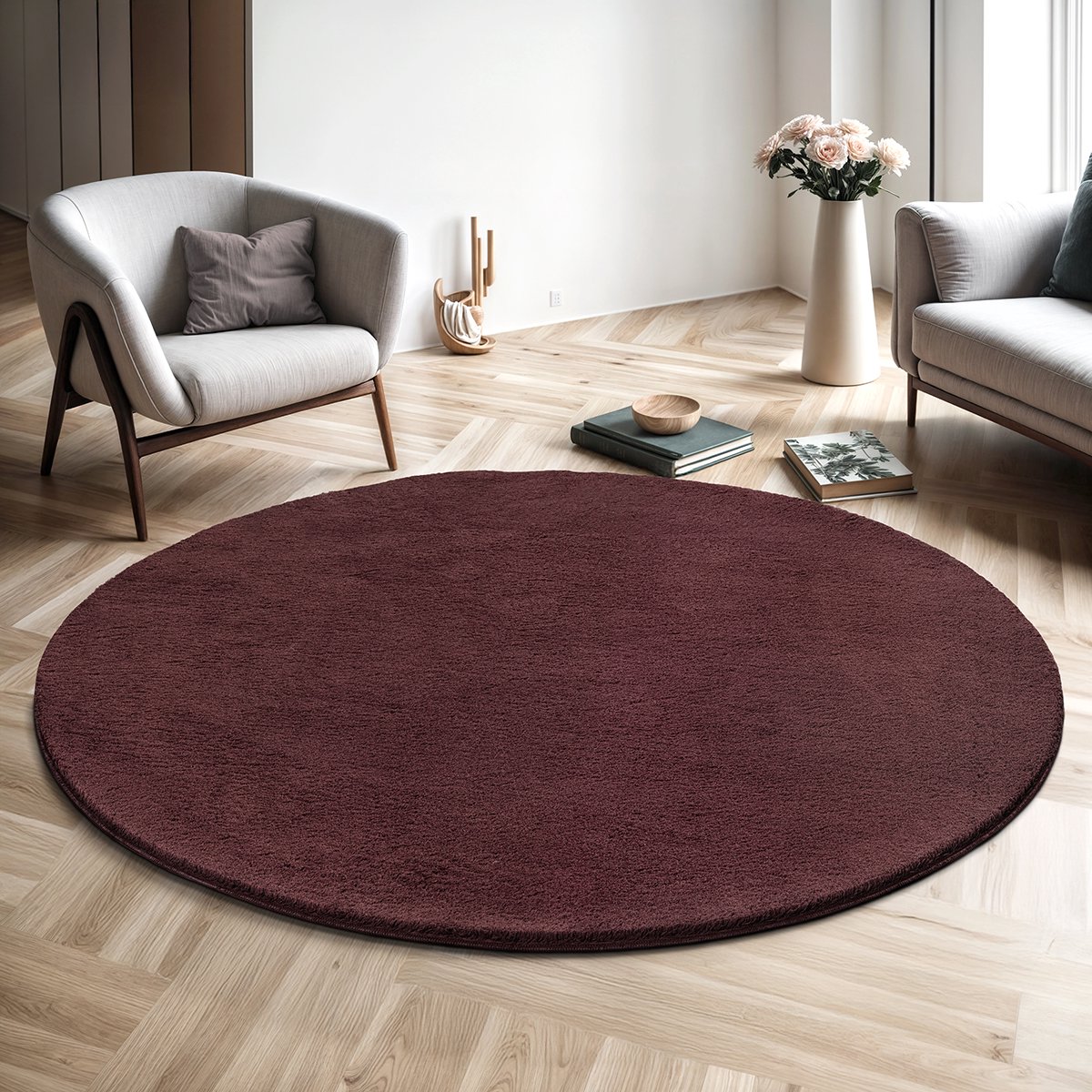 the carpet RELAX – Extra Zacht & Wasbaar Vloerkleed tot 30°C met Antislip Onderzijde – Fluweelachtige Structuur – Voor Slaapkamer of Woonkamer – Bordeaux, rond 120 cm