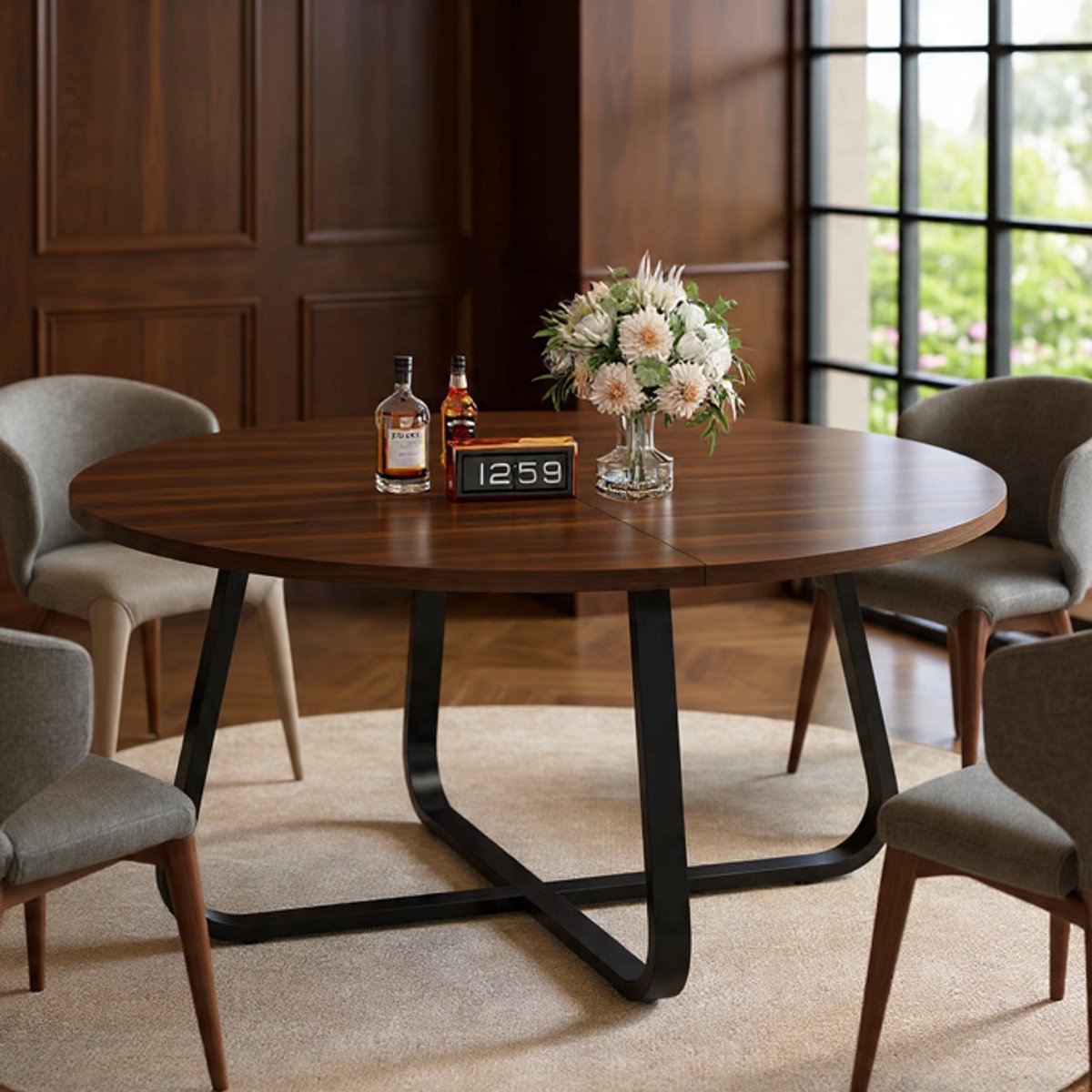 Ronde Eettafel Torino 130 cm - 4 tot 6 personen - Walnoot Houten Tafelblad & Industrieel Metalen Onderstel - Moderne Keukentafel & Woonkamertafel - Casa Serena – 130 cm – Casa Dorada