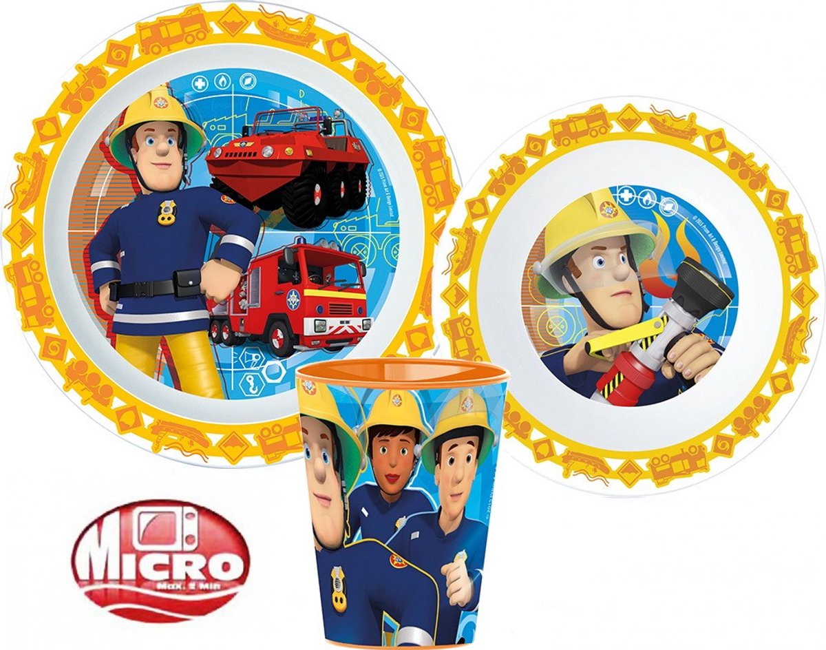 Brandweerman Sam Rescue Mission eettafelset, microplastic set, met een beker van 260 ml