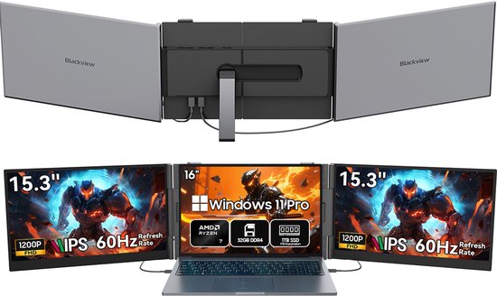 Blackview GamiBook8 Gaming Laptop (AMD Ryzen7 7735HS/32G/1TB) + DCM8 15,3" Dubbele Draagbare Monitor Set, Professioneel Gaming & Creatie Accessoires (Laptop Tas/Muis/Toetsenbordstickers, Grijs)