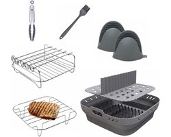Accessoireset voor De Airfryer - met Opvouwbare Siliconen Bakplaat + Stoomrek van 304 Roestvrij Staal - 8 Stuks - Accessoires voor Airfryers - Ovenaccessoires