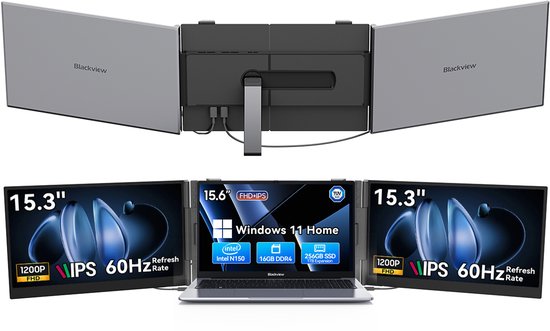 Blackview Hibook 6 Laptop + DCM8 15,3" Dubbele Draagbare Monitor Set, 16GB+256GB, FHD IPS Scherm, Dual-band WiFi, Kantoor & Creatie Set (incl. Laptop tas, Muis, etc., Grijs)