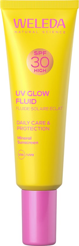 Gele tube met WELEDA SPF30 UV Glow Fluid, dagelijkse verzorging & bescherming. Minerale zonnebrand.