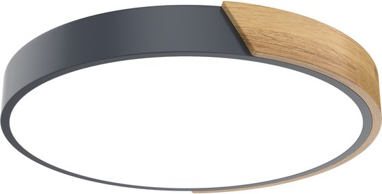Ronde, grijze plafondlamp met een houten accent aan de zijkant.