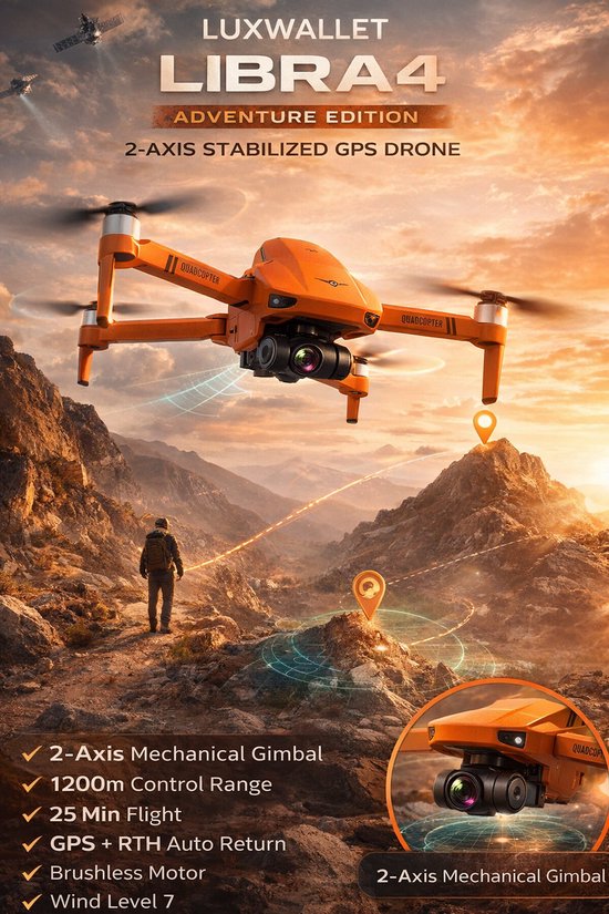 LUXWALLET Libra4 Pro – Drone Quadcopter FPV - 25,2Km/h – GPS WiFI 1,2 KM – Cardan 2 Axes - HD Camera - Oranje