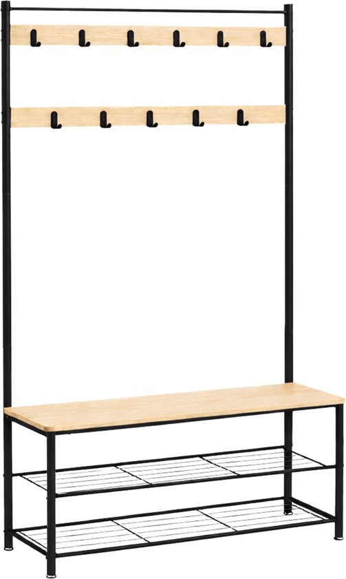 ACAZA Kapstok - Kapstok Staand - Kapstok met Schoenenrek - 85 x 32 x 175 cm - Garderoberek - 11 Haken - Lichte Eik - Schoenenrek