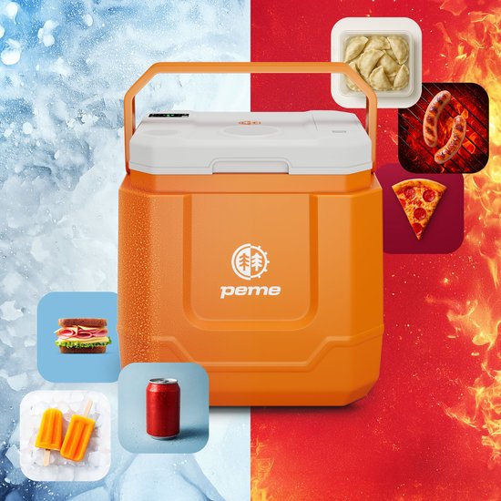 Peme Trip Sunset Orange - Elektrische Koelbox met Bluetooth Speaker - 31,5L - Koelen en Verwarmen - 12V/24V/230V - Auto & Camping Koelkast - USB-poort - ECO-modus - Fluisterstil 26dB - Verwijderbaar Rooster van Merkloos — afbeelding 4