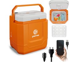 Peme Trip Sunset Orange - Elektrische Koelbox met Bluetooth Speaker - 31,5L - Koelen en Verwarmen - 12V/24V/230V - Auto & Camping Koelkast - USB-poort - ECO-modus - Fluisterstil 26dB - Verwijderbaar Rooster