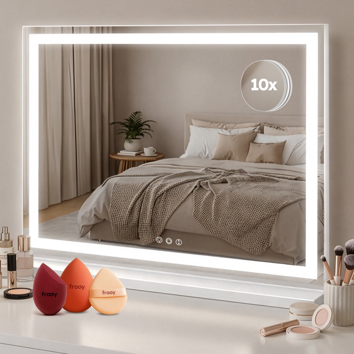 Fraay® Hollywood Spiegel met Verlichting 60x50cm - 3 Lichtstanden - Make Up Spiegel met 10x Vergrootspiegel - Vanity Spiegel - Mirror - LED Strip Verlichting Dimbaar - Incl. 2 Beauty Blenders en Powder puff