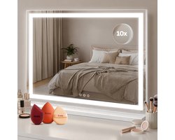 Fraay® Hollywood Spiegel met Verlichting 60x50cm - 3 Lichtstanden - Make Up Spiegel met 10x Vergrootspiegel - Vanity Spiegel - Mirror - LED Strip Verlichting Dimbaar - Incl. 2 Beauty Blenders en Powder puff