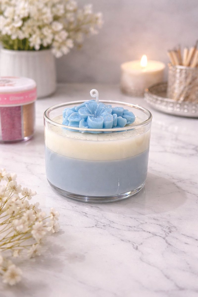 Lumen and Lux Candles Luxe Geurkaars met Blauwe Bloem – Handgemaakt – Glazen Houder ivoor